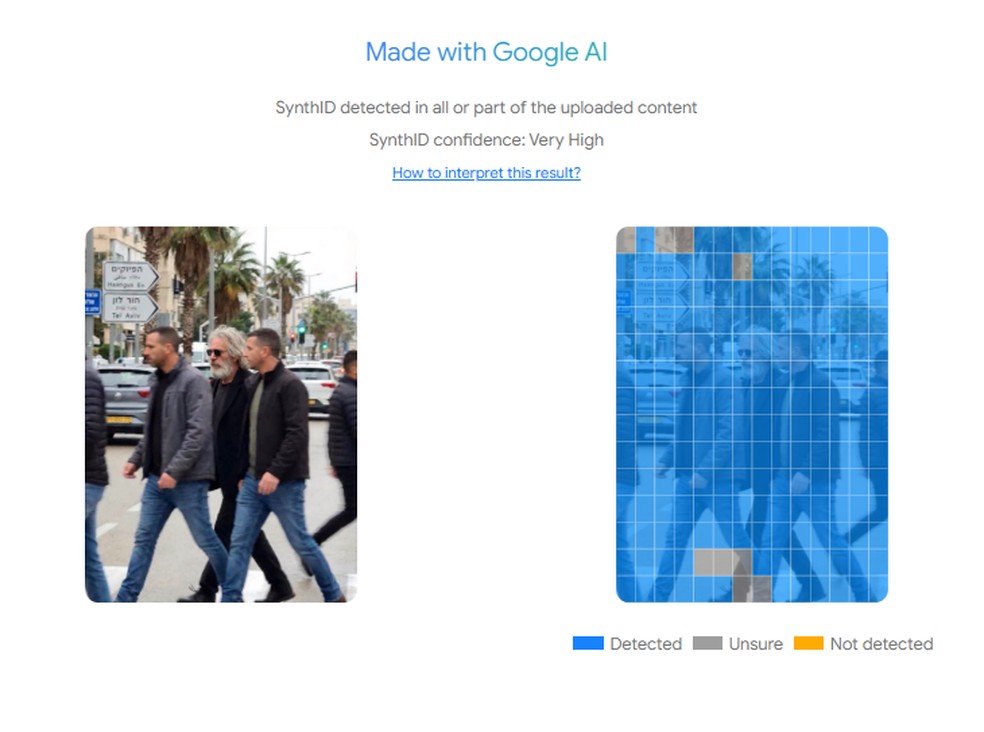 SynthID detectou nos pontos azuis a presença da marca d'água de IAs do Google. — Foto: Reprodução