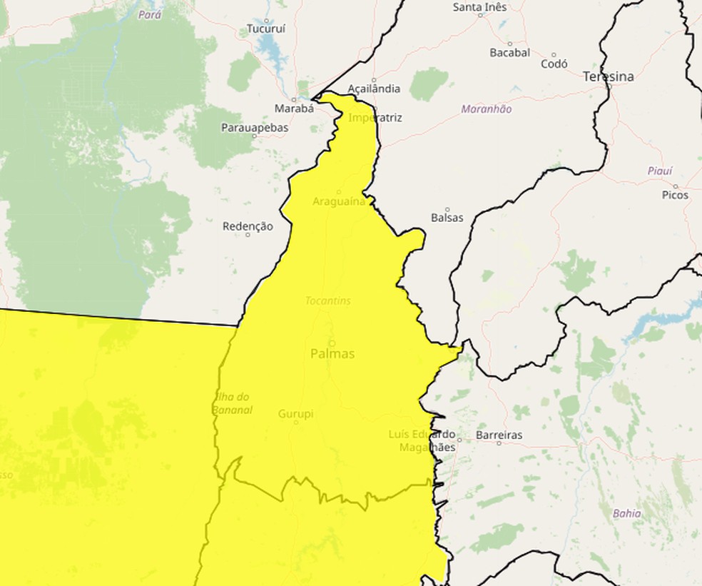 Alerta amarelo de chuvas intensas para o Tocantins — Foto: Reprodução/Inmet