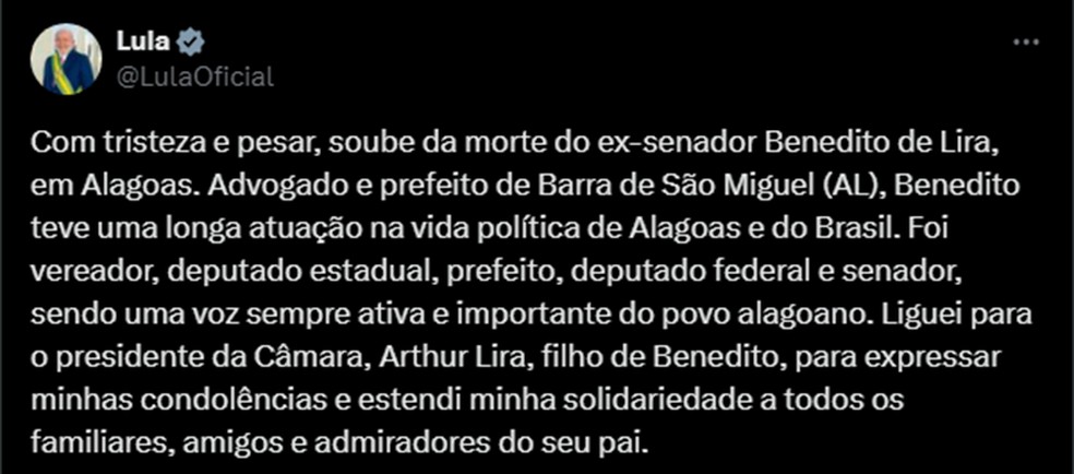 Presidente Luiz Inácio Lula da Silva presta condolências à família de Arthur Lira — Foto: Reprodução/Redes sociais