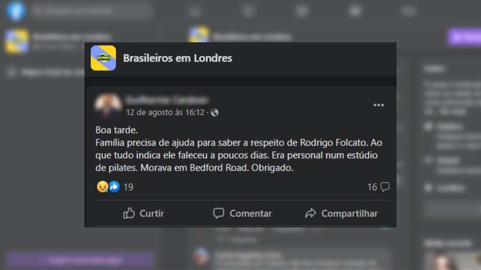 Amigos procuraram informações sobre Rodrigo em uma página de apoio para brasileiros na Inglaterra — Foto: Reprodução/Facebook
