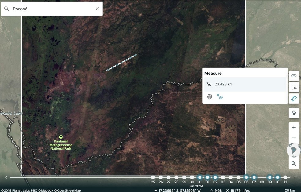 Focos de calor em Poconé, na região do Pantanal — Foto: Inpe