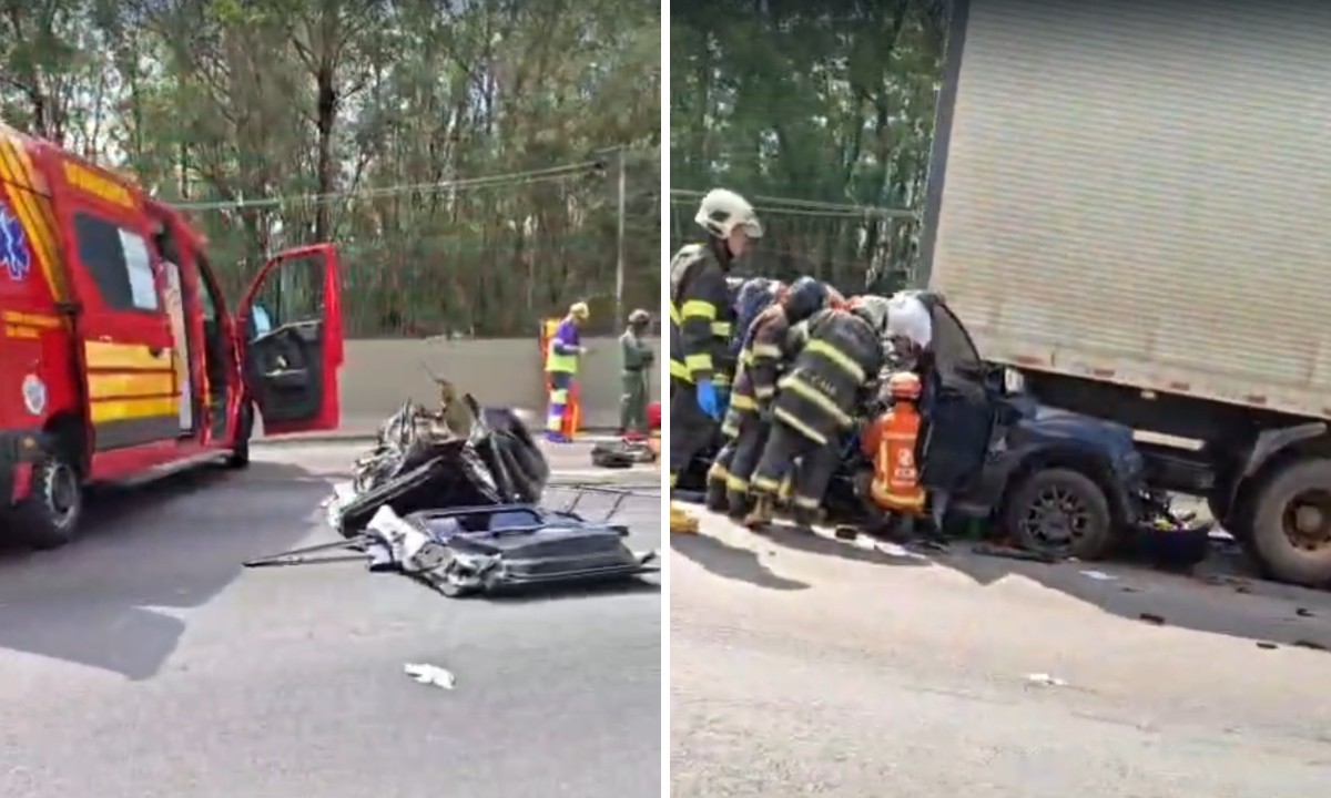 Acidente entre picape e caminhão deixa vítima presa nas ferragens na Rodovia Anhanguera, em Cajamar