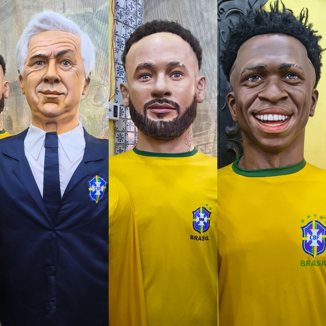 Ancelotti, Vini Jr, Neymar e outros craques viram bonecos gigantes para torcer pelo Brasil na Copa; VÍDEO