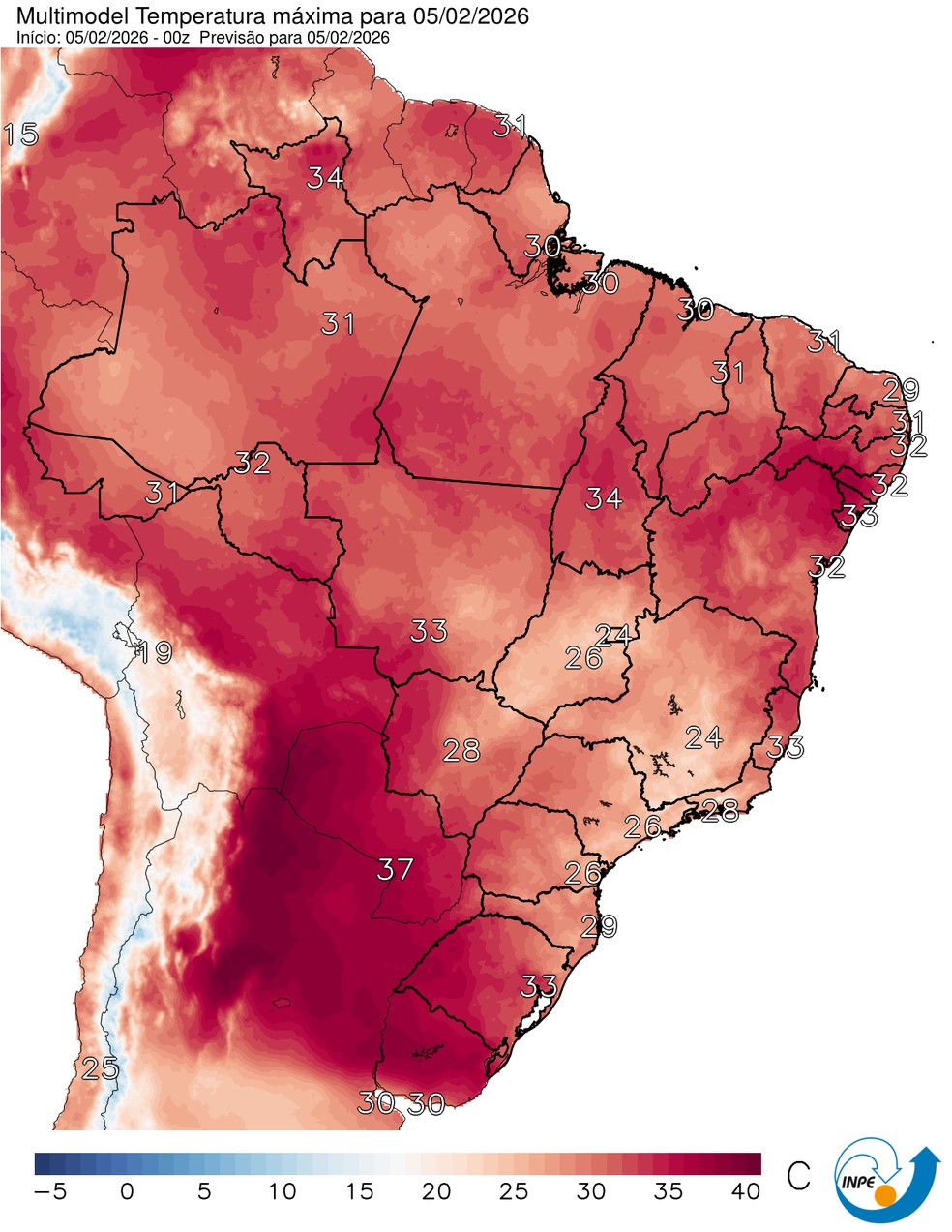 Mapa mostra previsão de temperatura máxima para esta sexta (6). — Foto: CPTEC/Inpe