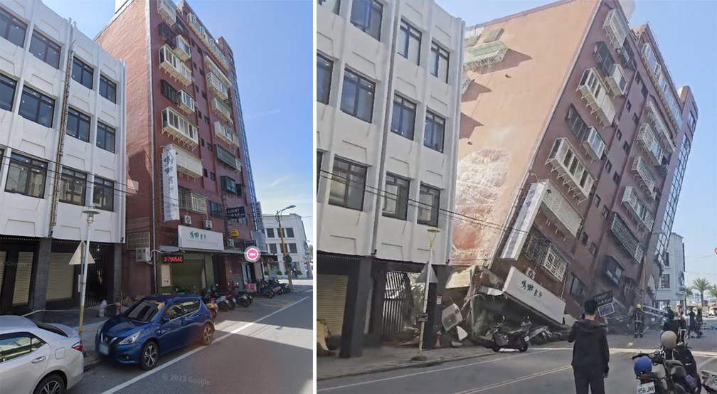 Antes e depois mostra prédio de Hualien que ficou tombado após terremoto atingir a cidade taiwanesa — Foto: Reprodução/Google Street View; TVBS via AP