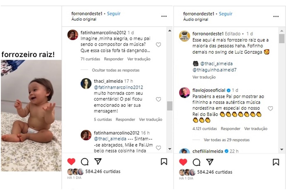 Flávio José e Fátima Marcolino, filha do compositor de 'Sala de Reboco', comentaram o vídeo de Thiaguinho Almeida — Foto: Instagram/Reprodução