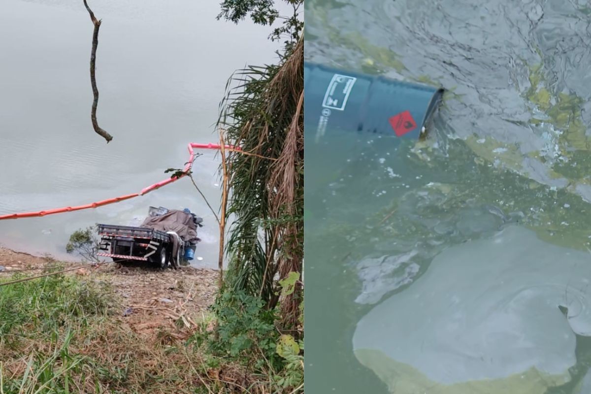 Caminhão que levava família e caiu dentro de represa na Grande Curitiba estava carregado com 5 mil litros de material tóxico; equipes avaliam impacto ambiental