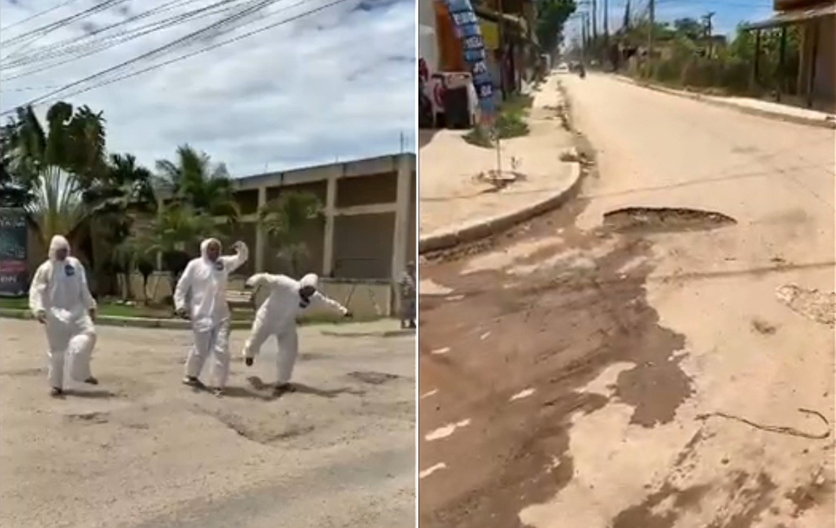 Moradores fazem protesto com fantasias 'da Nasa' contra buracos em ruas de Tamoios, em Cabo Frio