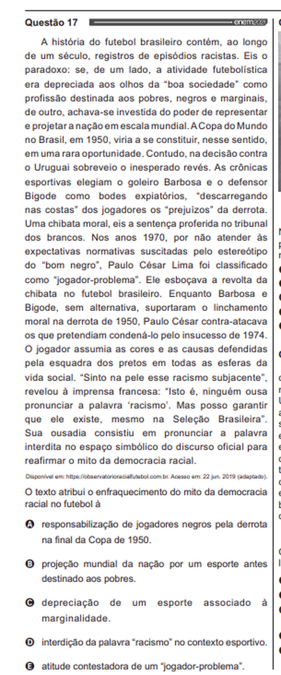 Questão 17 do Enem 2021 cita jogadores da Copa de 1950. — Foto: Enem/Inep