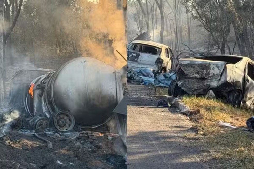 Carro invade pista e causa acidente e explosão em MS — Foto: Dyego Queiroz/ TV Morena