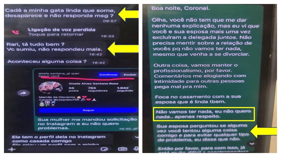 Tenente-coronel Geraldo Neto chama soldado Rariane Generoso de 'linda'. Ela responde que a esposa do oficial, a tamb&eacute;m soldado Gisele Alves, a procurou no Instagram. A subordina ainda pede para ele 'manter o profissionalismo' porque n&atilde;o queria nada com ele, 'apenas respeito'. &mdash; Foto: Reprodu&ccedil;&atilde;o
