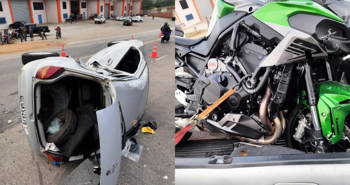 Carro capota após batida com moto na BR-265; duas pessoas ficaram feridas