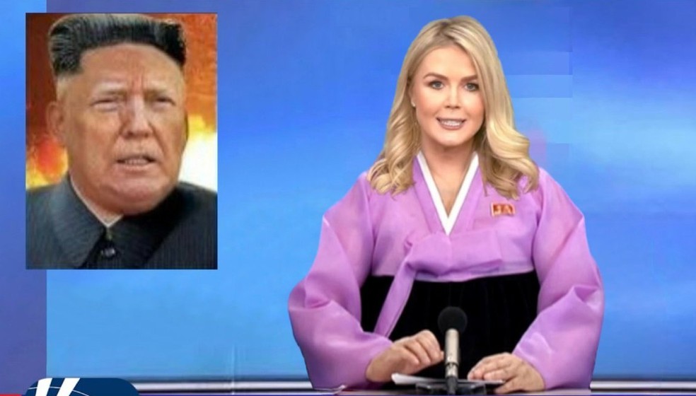Meme imita TV estatal da Coreia do Norte e mostra porta-voz da Casa Branca dando notícia sobre Trump com cabelo de Kim Jong-un