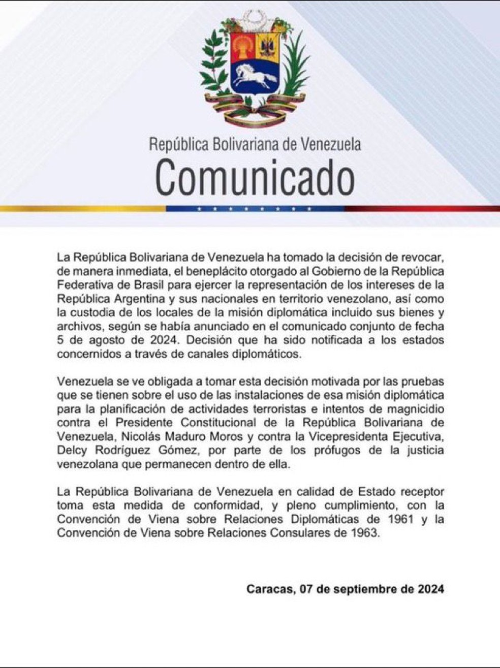 Nota da Venezuela sobre revogação de representação brasileira na Embaixada da Argentina. — Foto: Reprodução