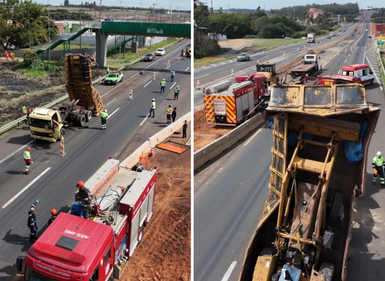 Caçamba de caminhão colide contra passarela e causa interdição em rodovia no interior de SP
