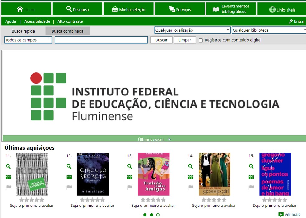 Sistema na internet permite consultar acervo da Biblioteca do IFF — Foto: Reprodução portal do IFF