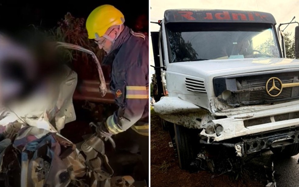 Acidente entre um VW Gol e um caminhão ocorreu na BR-020 próximo a Vila Boa — Foto: Reprodução/TV Anhanguera