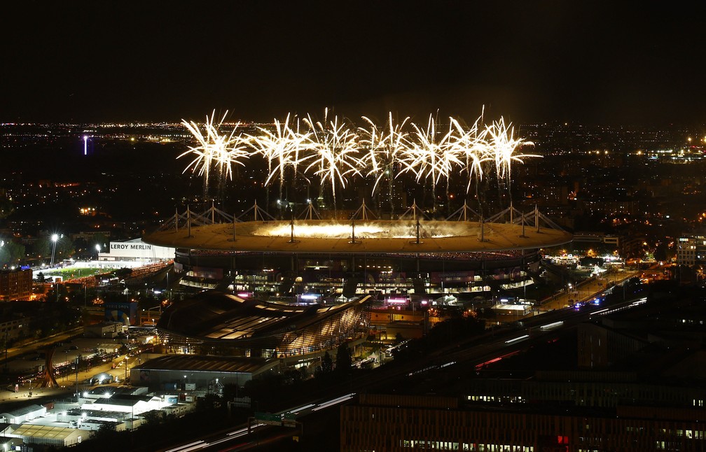 Cena da cerimônia de encerramento das Olimpíadas de Paris de 2024 no Stade de France — Foto: Kim Hong-Ji/Reuters