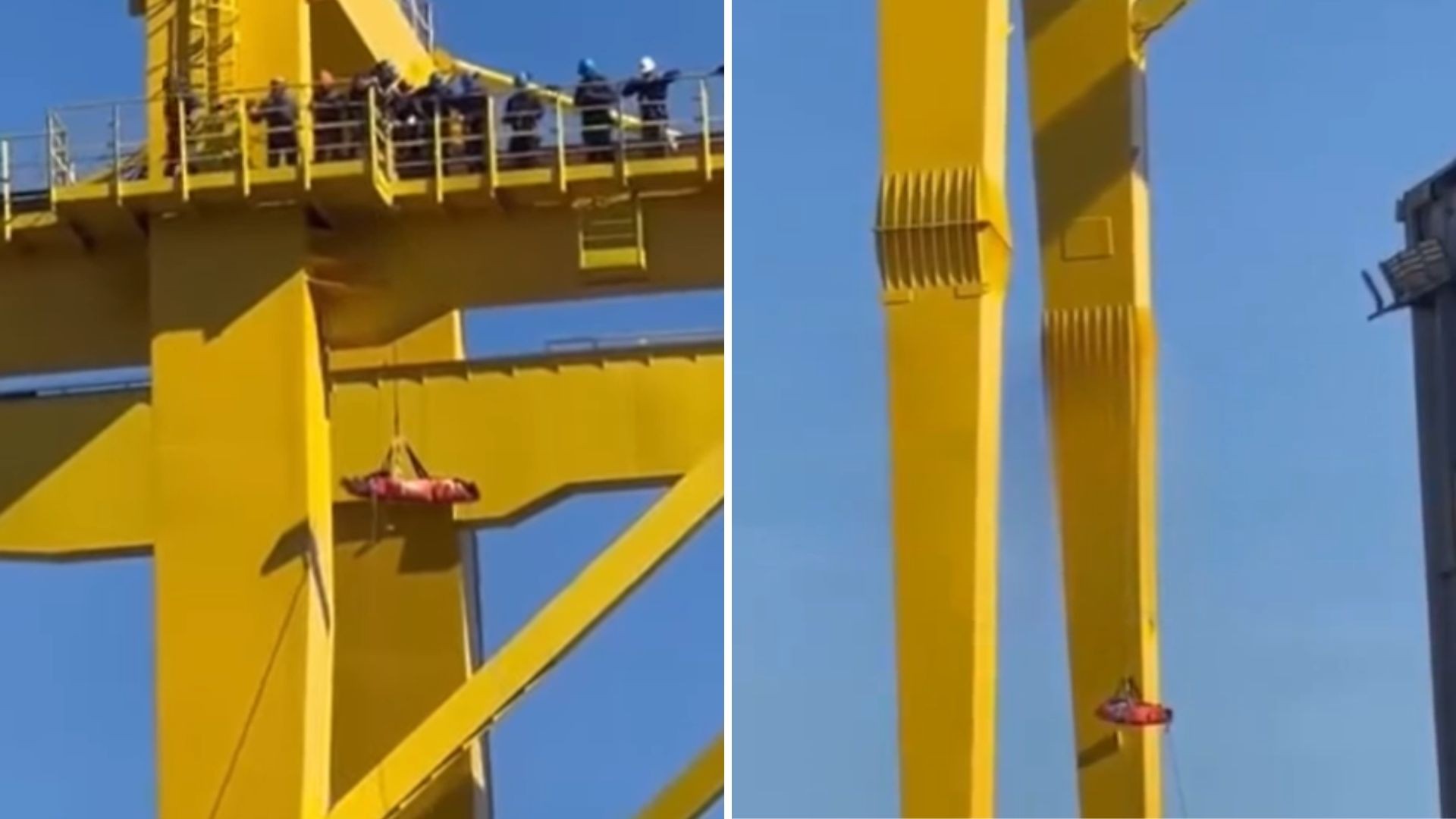 Funcionário sofre queda de grua em estaleiro e e resgate é feito nas alturas em Guarujá; VÍDEO 
