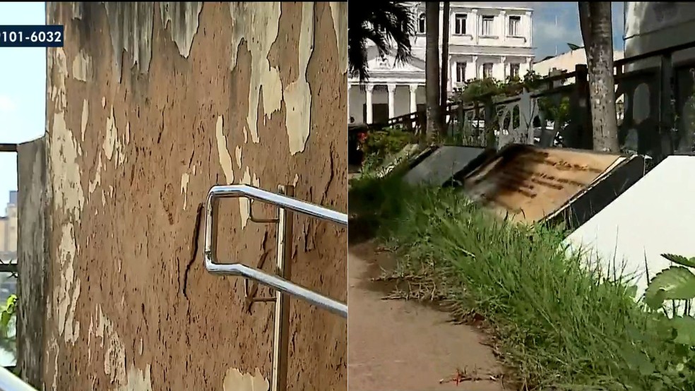 Praça dos Poetas apresenta paredes deterioradas e placas informativas tomadas pelo mato no Centro Histórico de São Luís — Foto: Reprodução/TV Mirante