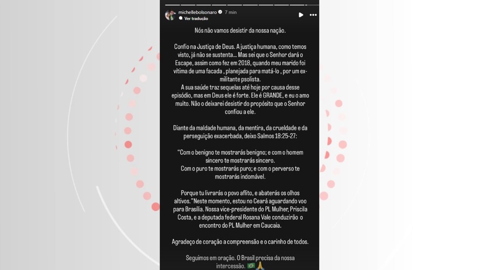 Michelle estava no Ceará para evento. — Foto: Reprodução/Instagram