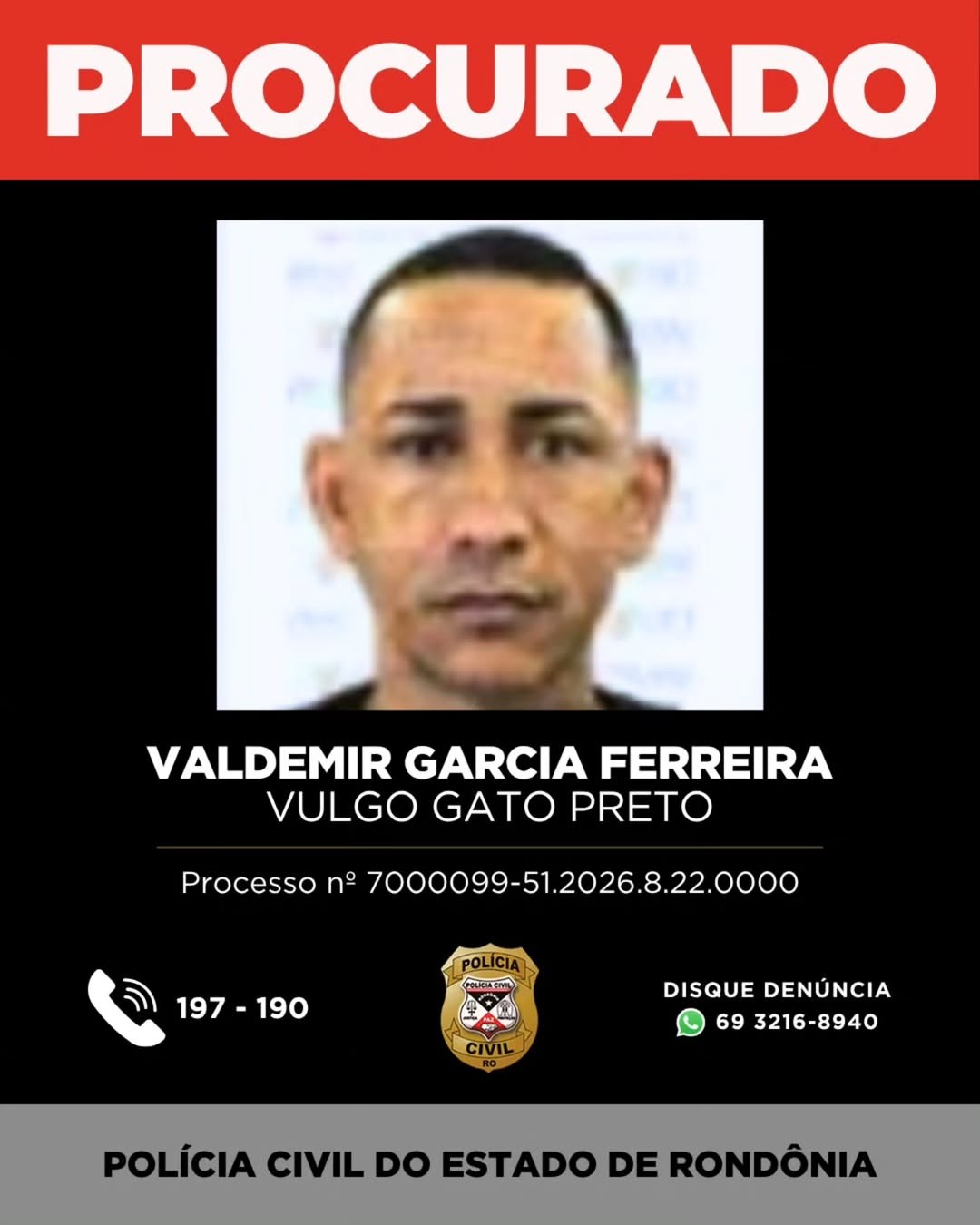 Valdemir Garcia Ferreira – vulgo Gato Preto — Foto: Reprodução/Polícia Civil de Rondônia (PC-RO)
