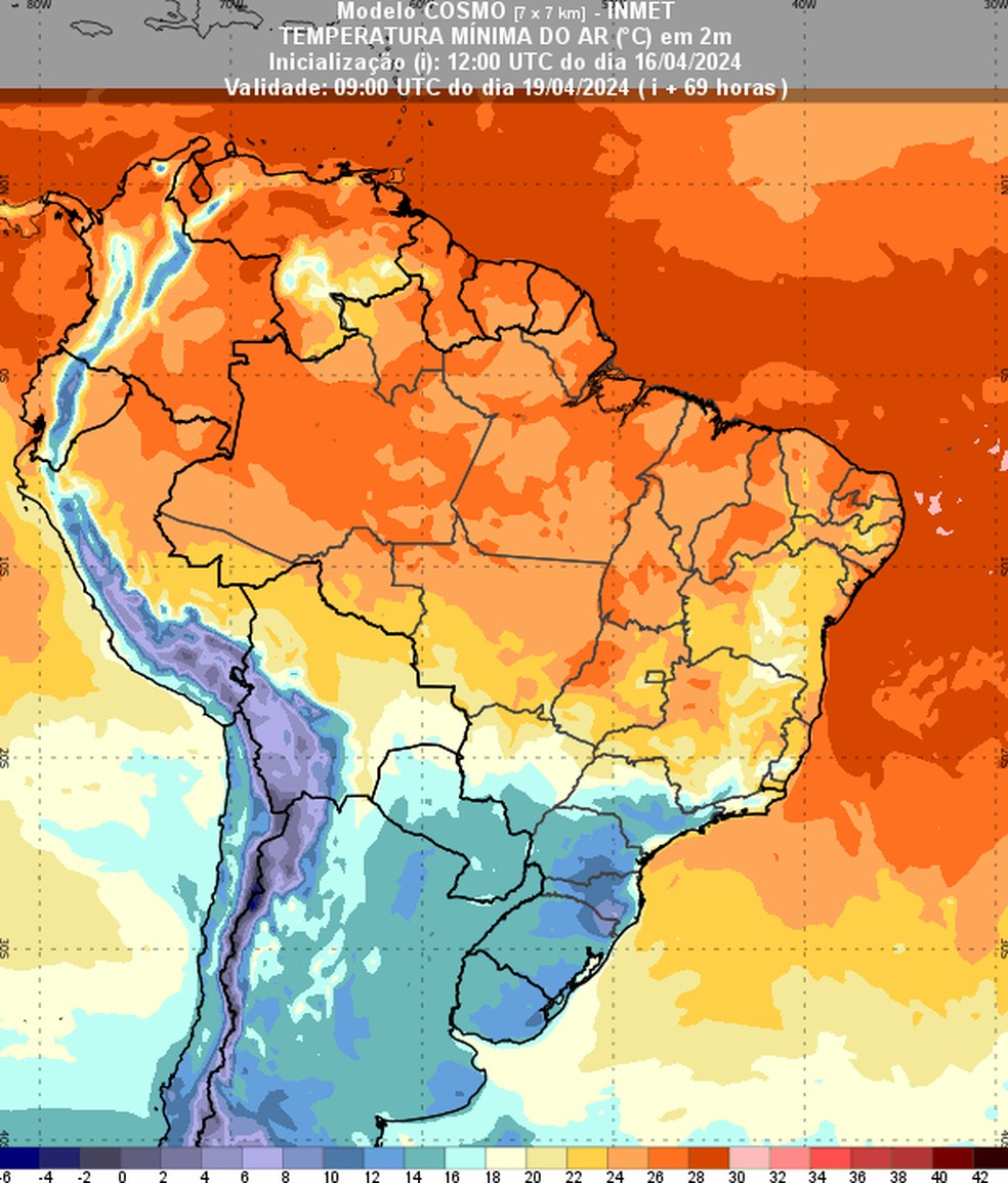 Mapa mostra a queda nas temperaturas esperada para o Sul, Sudeste e Centro-Oeste nos próximos dias. — Foto: INMET