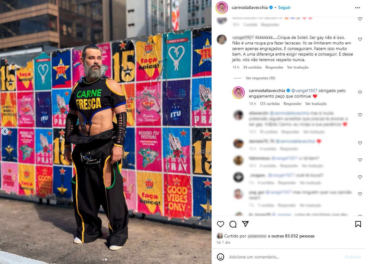 Carmo Dalla Vecchia responde crítica a look na Parada LGBT+: 'obrigado pelo engajamento'