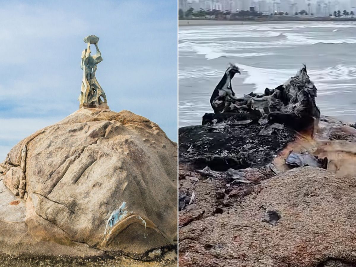 ANTES E DEPOIS: estátua em ‘pedra mítica’ ficou destruída após incêndio no litoral de SP