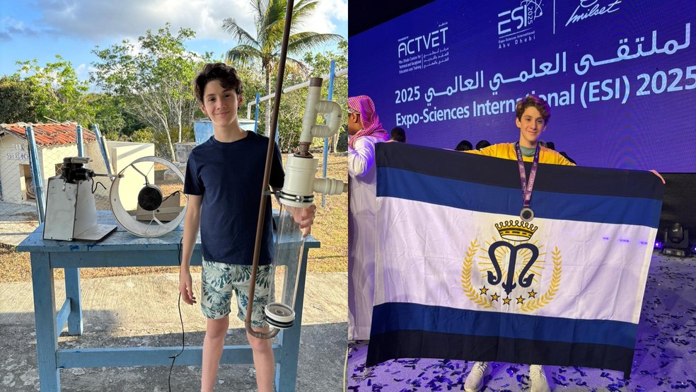 Lucas Figueiredo, de 14 anos, criou uma bomba que funciona com energia eólica e foi premiado em feiras internacionais — Foto: Acervo pessoal/Reprodução