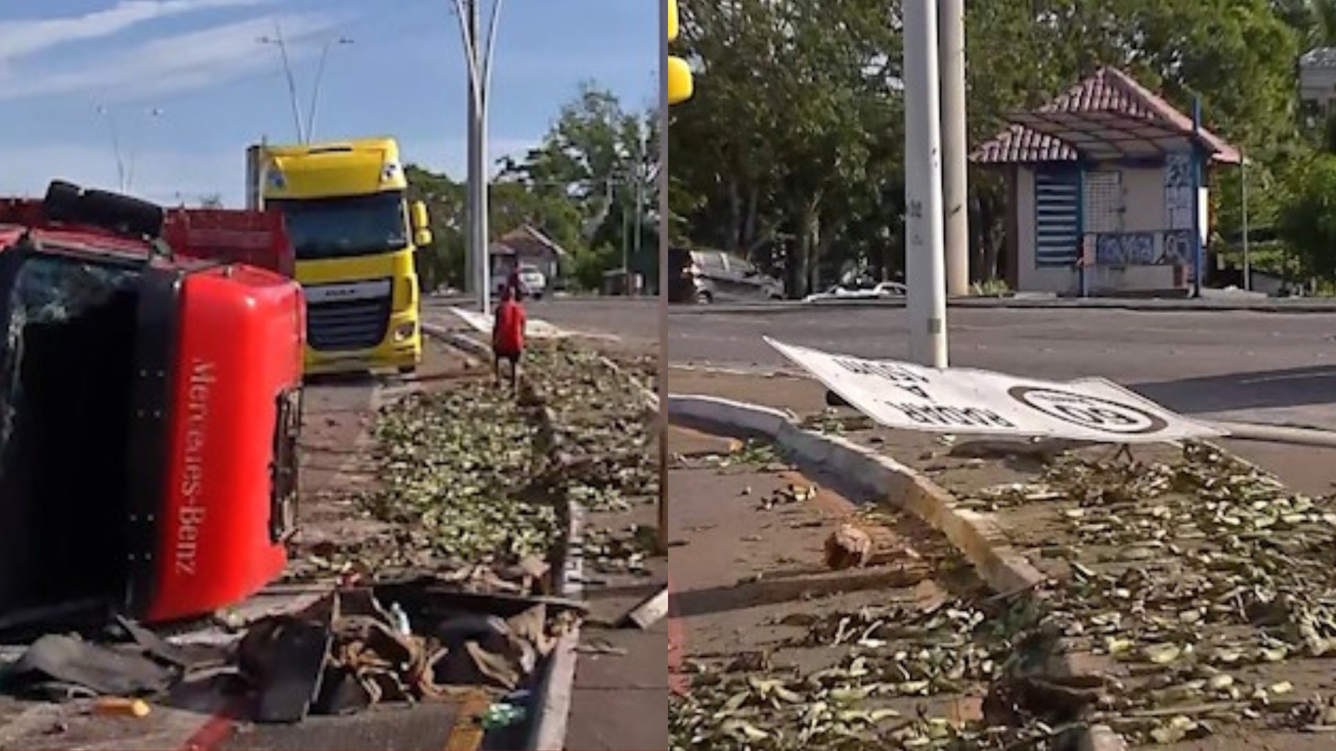 Caminhão com bananas tomba na av. João Paulo II em Belém