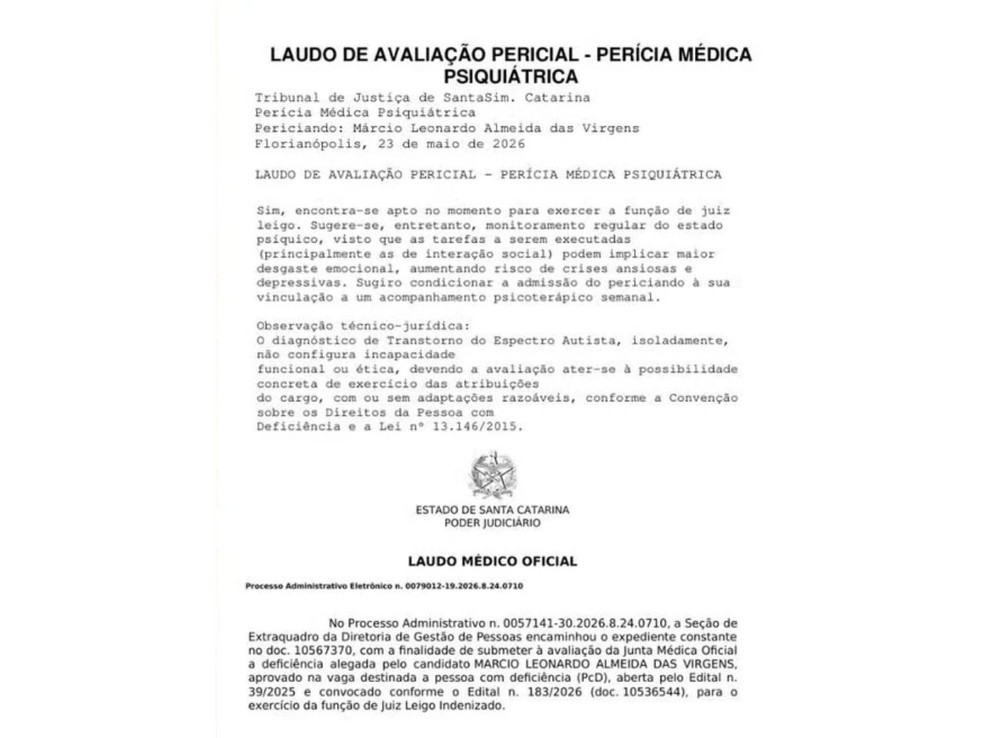 Laudo de Márcio feito após o concurso. — Foto: Arquivo Pessoal.