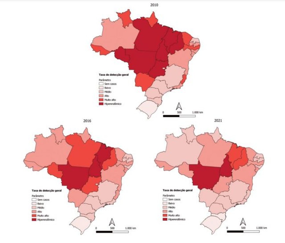 Os mapas mostram a mudança no cenário epidemiológico da hanseníase no Brasil entre 2010 e 2021 — Foto: BBC