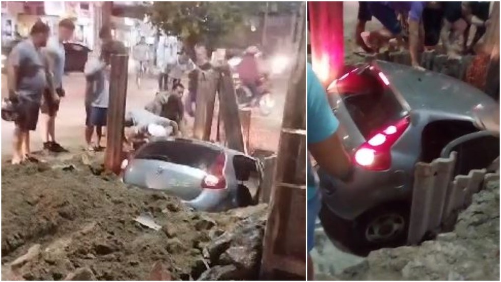 Carro caiu em buraco de obra na Avenida José Bastos, em Fortaleza — Foto: Reprodução