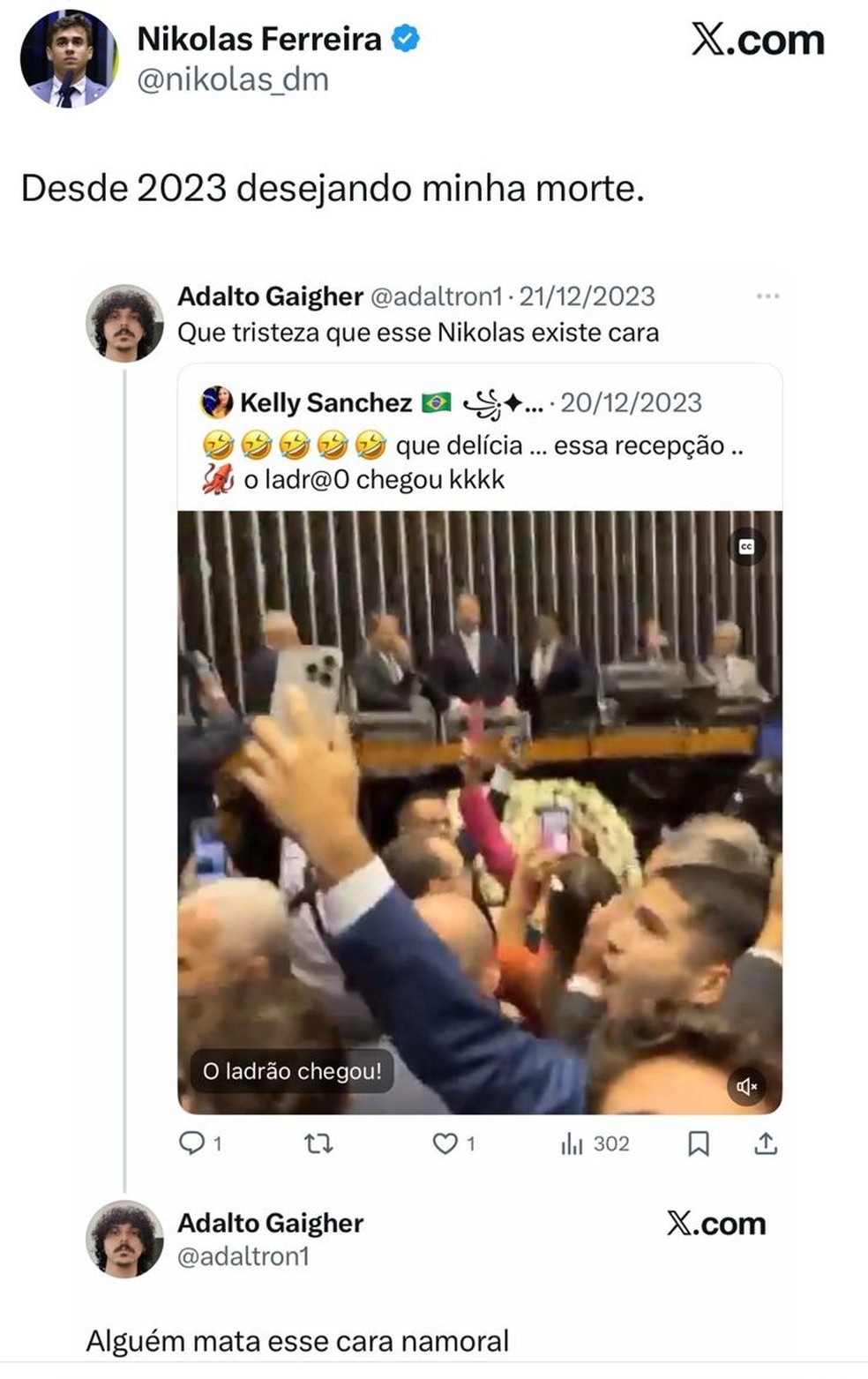 Deputado Federal mineiro Nikolas Ferreira postou nas redes sociais sobre estudante que o perseguia e foi preso no Espírito Santo — Foto: Reprodução/Redes sociais