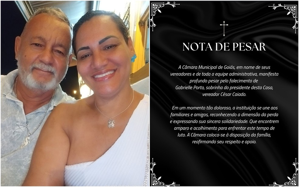 Sérgio Porto e Laura Castro, pais de Gabrielle, são proprietários de um clube na Cidade de Goiás; à dir., nota de pesar da Câmara Municipal, presidida pelo tio de Gabrielle — Foto: Reprodução/ Perfis do Instagram de Laura Castro e da Câmara Municipal de Goiás