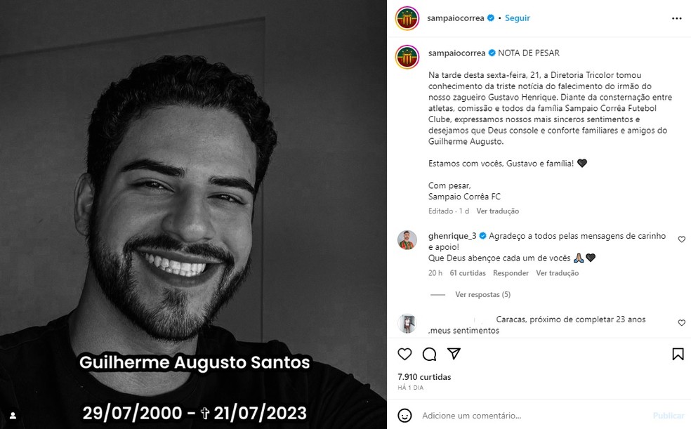 Sampaio Correa lamentou a morte de irmão do zagueiro Gustavo Henrique — Foto: Instagram/Reprodução