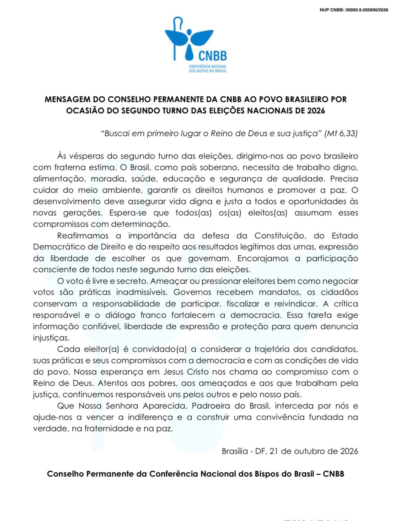  CNBB pede que eleitos nas eleições de 2026 rejeitem violência e desinformação e priorizem interesse público