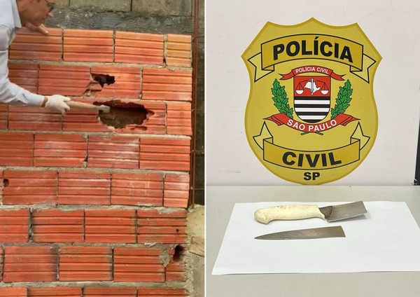 Faca utilizada no crime foi encontrada escondida em muro em Praia Grande, SP — Foto: Polícia Civil