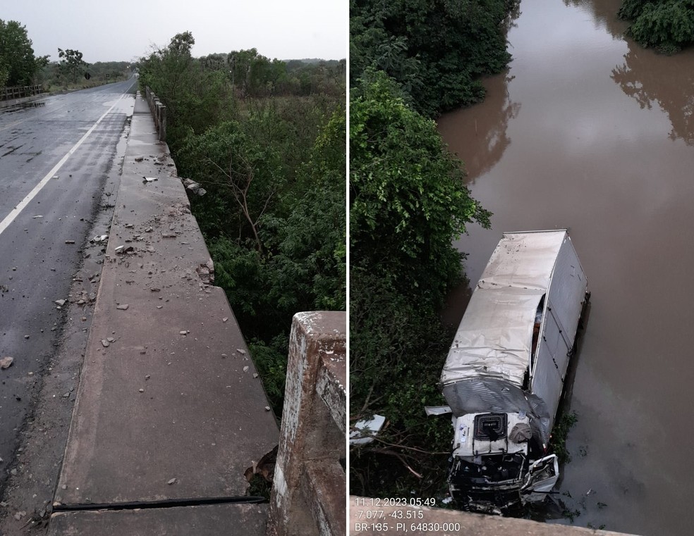 Caminhão-baú cai de ponte na BR-343 e duas pessoas ficam feridas, no Piauí — Foto: Reprodução