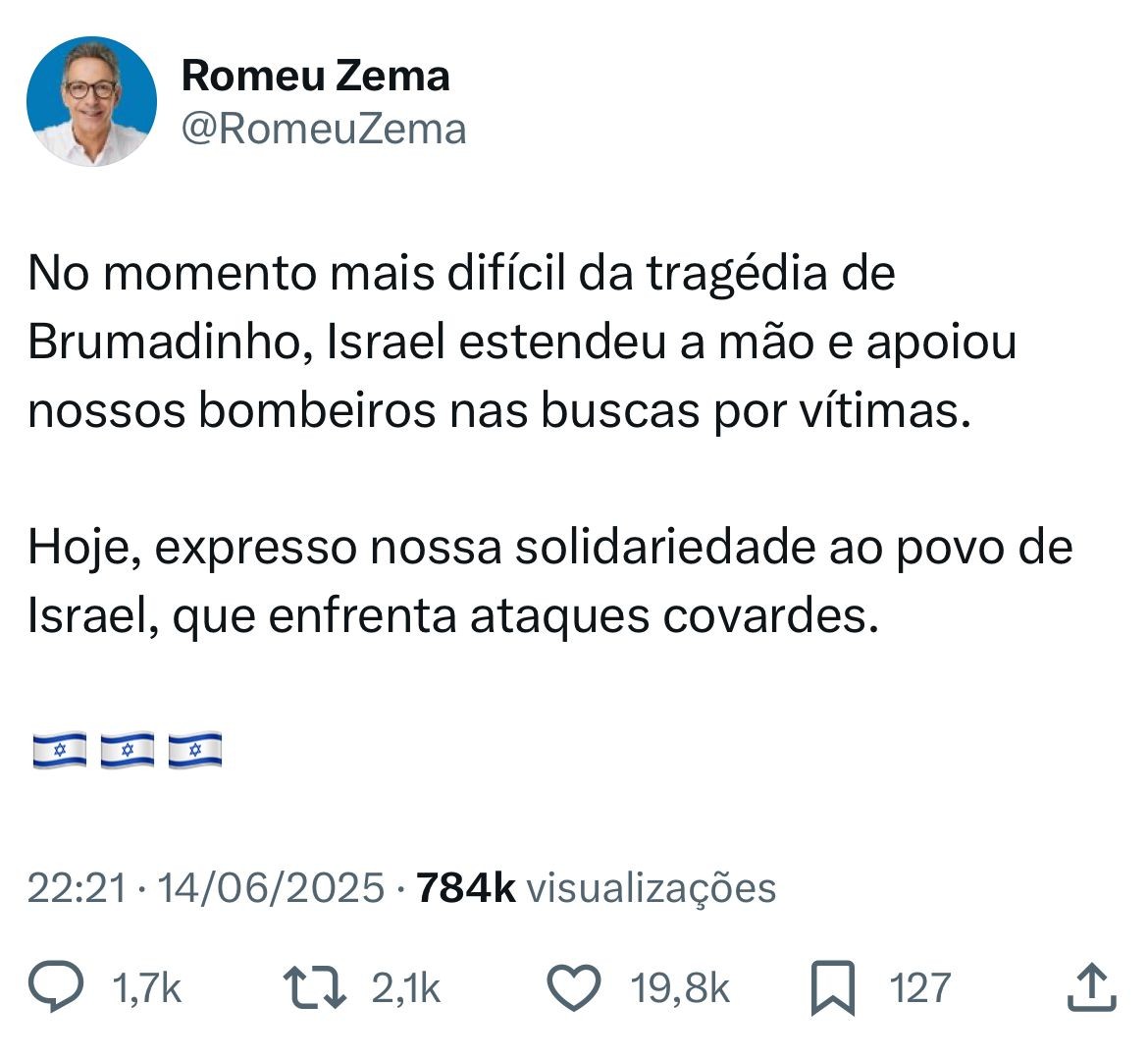 Zema declara apoio a Israel e diz que ataques do Irã são 'covardes'