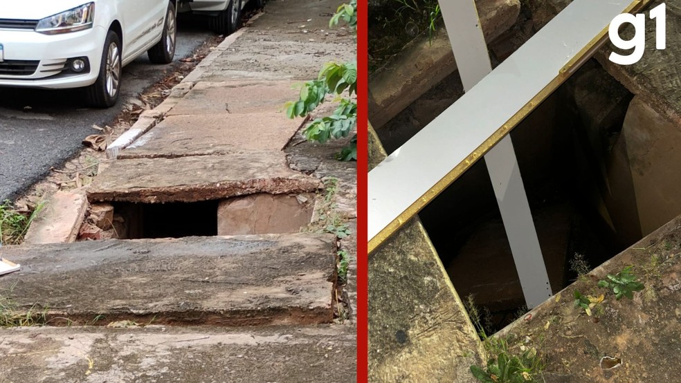 Tampa de concreto que cobria o bueiro na calçada cedeu — Foto: Reprodução