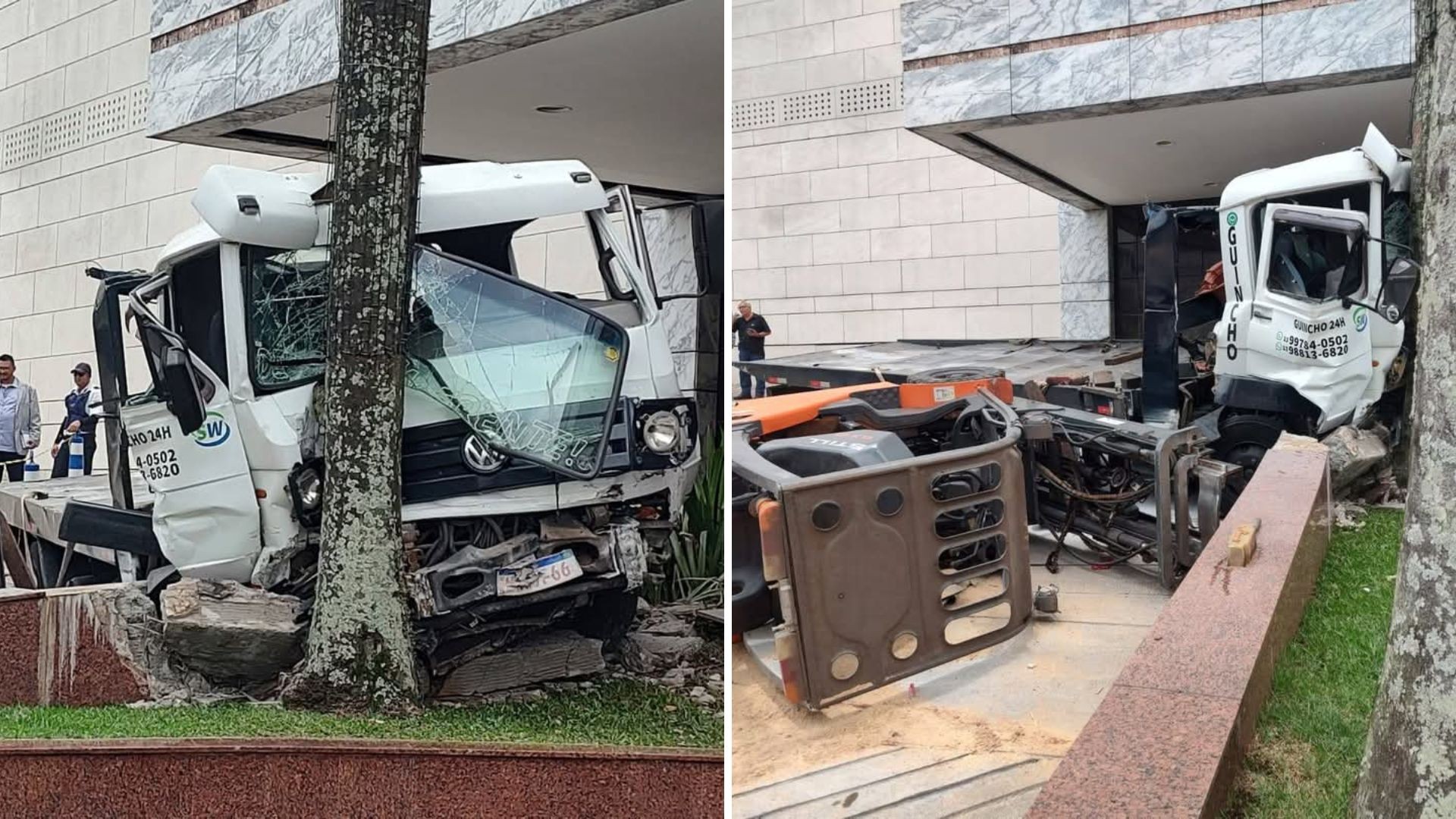 Caminhão perde freio na descida de rampa e bate em muro de shopping no litoral de SP; VÍDEO