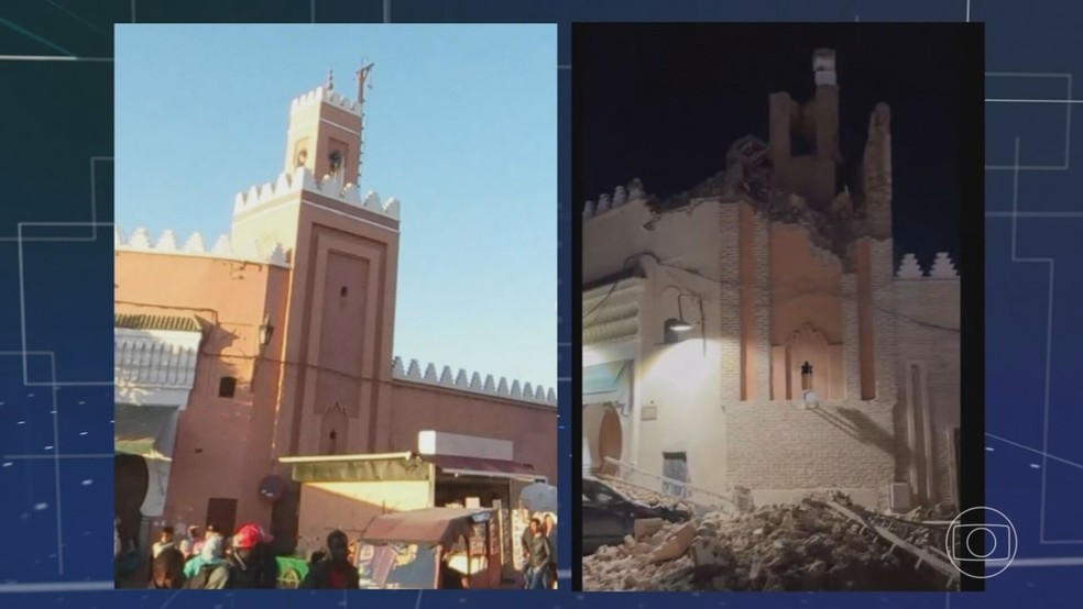 Comparação de fotos mostra o que restou da torre de uma mesquita na principal praça do centro histórico — Foto: Reprodução/TV Globo