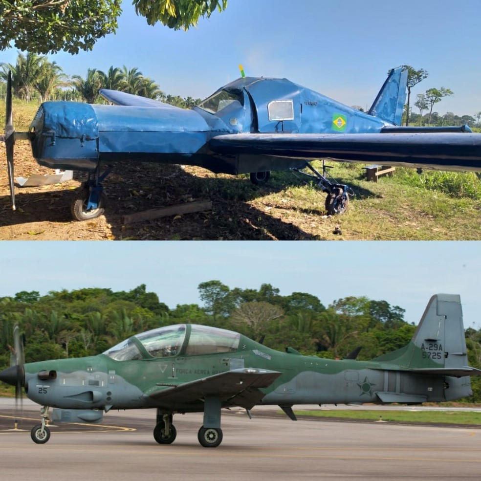 Montagem mostra foto de avião construído por irmãos e modelo original usado pela FAB — Foto: Colniza MT Notícia e Cabo V. Santos-FAB/ Montagem G1
