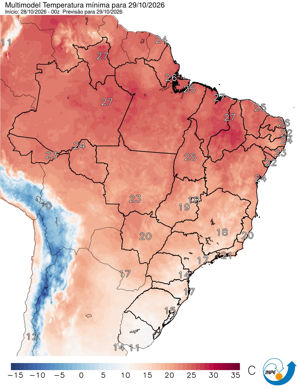 Temperaturas mínimas previstas para esta quinta (29/10) em todo o Brasil. — Foto: CPTEC/Inpe