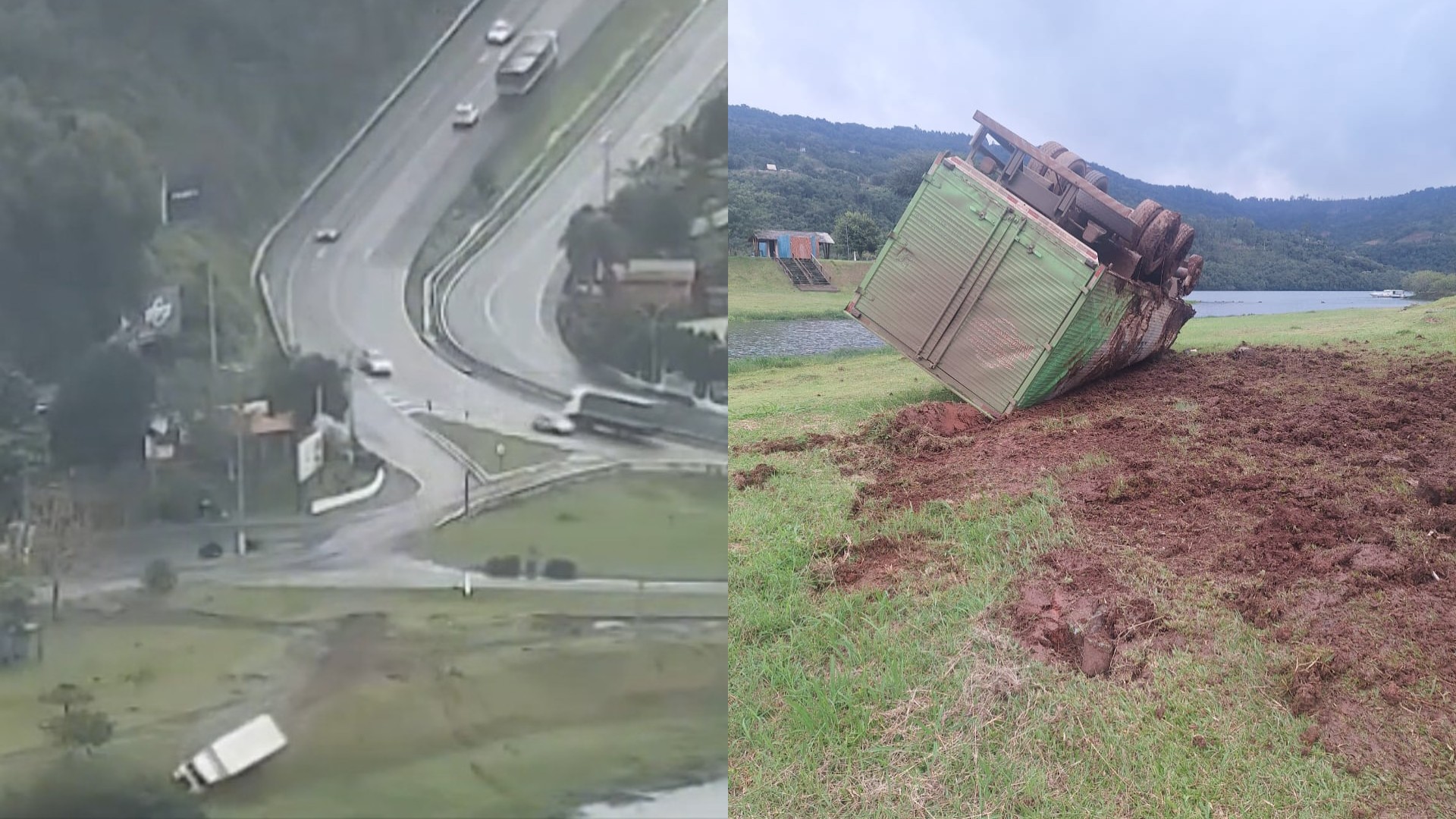 VÍDEO: Motorista sai ileso após caminhão ficar sem freios em descida e capotar em SC