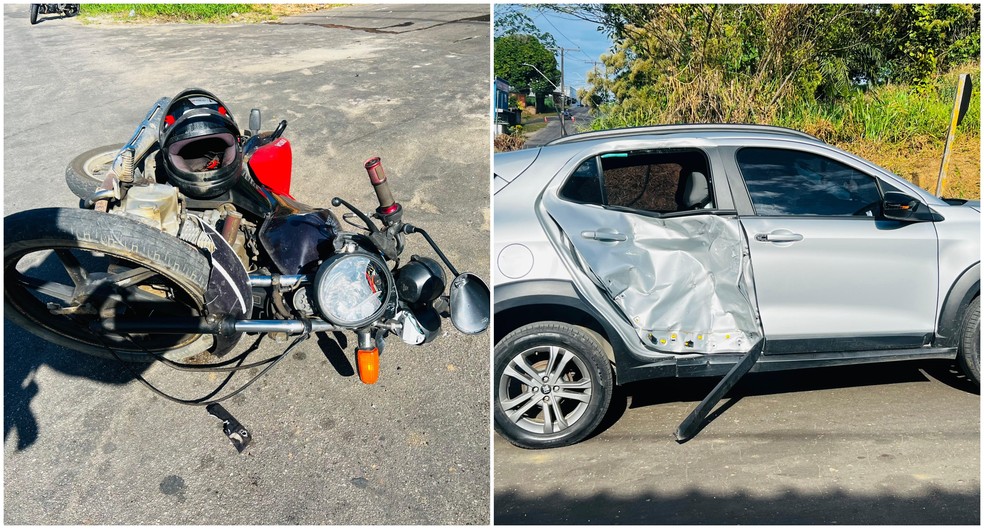 Carro ficou com porta traseira amassada e a moto parcialmente destruída após acidente em Cruzeiro do Sul — Foto: Reprodução