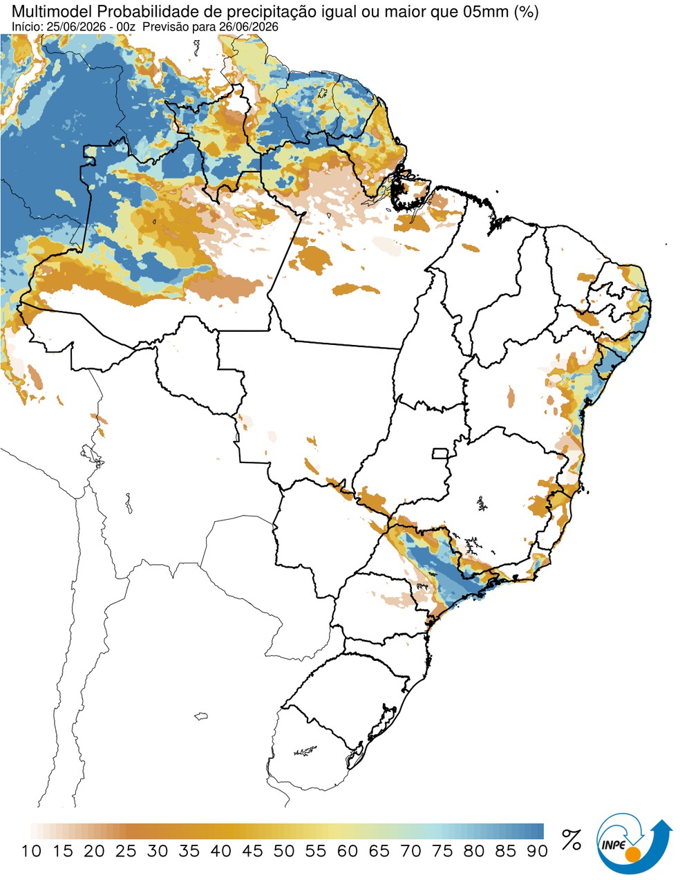 Previsão de chuva nesta sexta em todo o país. — Foto: CPTEC/Inpe