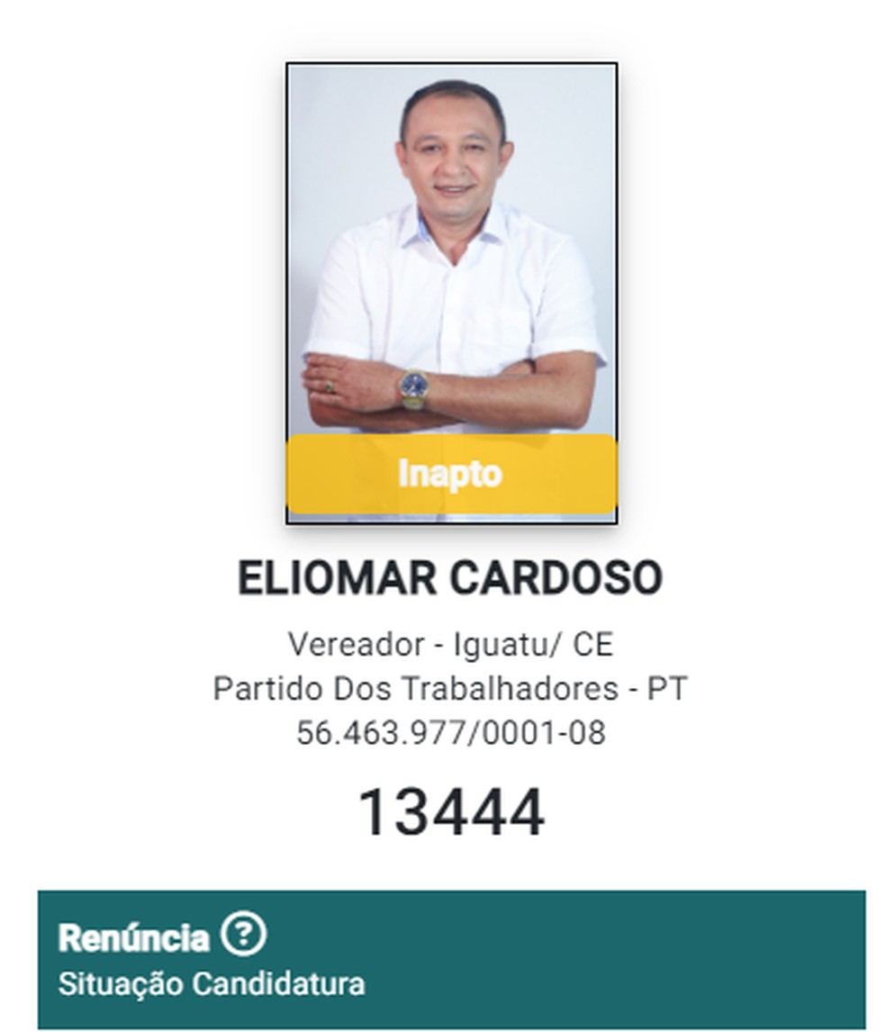 Candidato aparece como 'inapto' no site do TSE. — Foto: Reprodução/TSE
